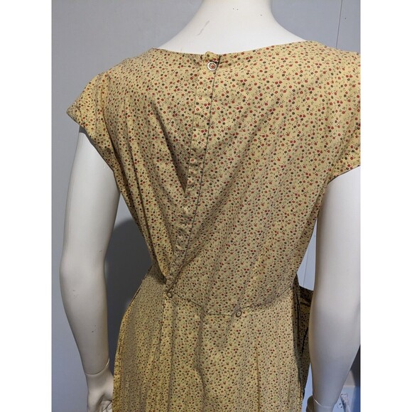 Rare 40s Calico Cotton Apron Dress S/M Patio Peasant Yellow Wrap Ric Rac Pocket - Picture 8 of 8